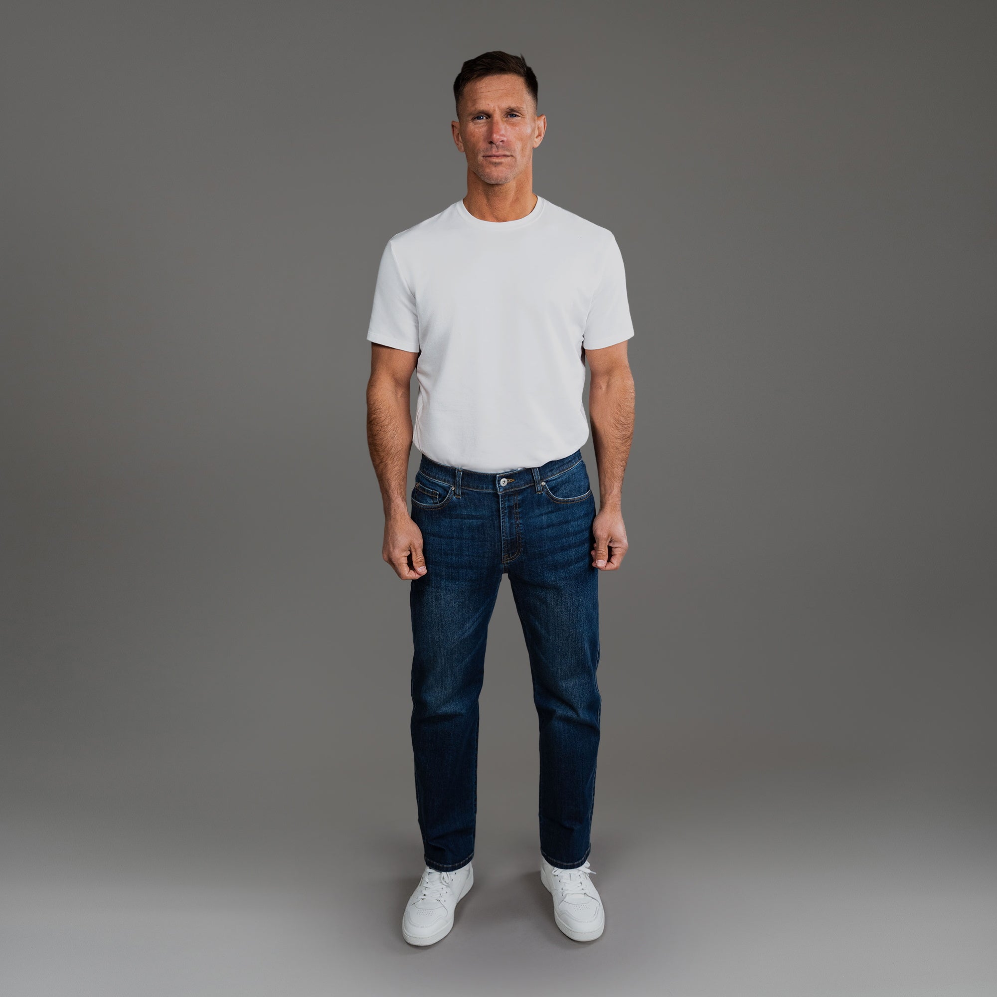 custom men's jeans model Tyler in Sur Blue