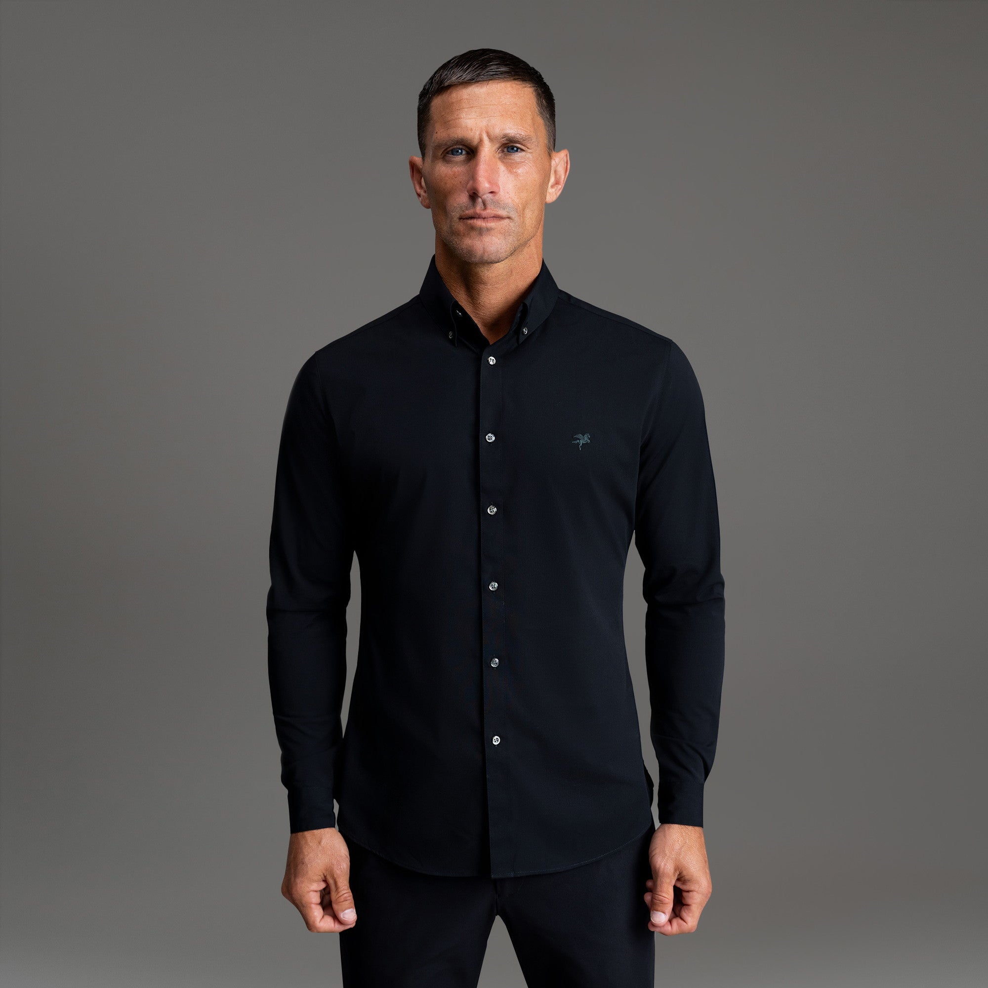 Custom Bespoke Tailored Mercer Shirt model Tyler in Black Emblem