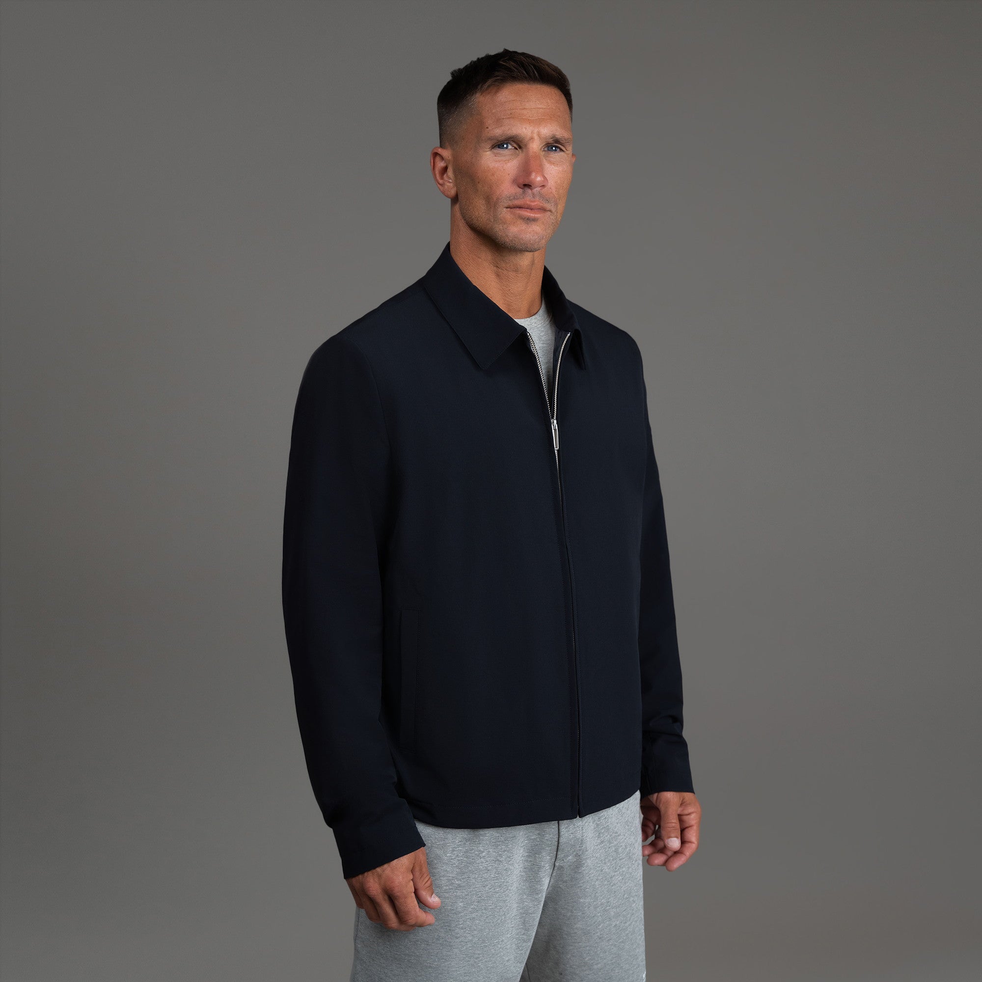 men's custom zip up jacket model Tyler in Midnight