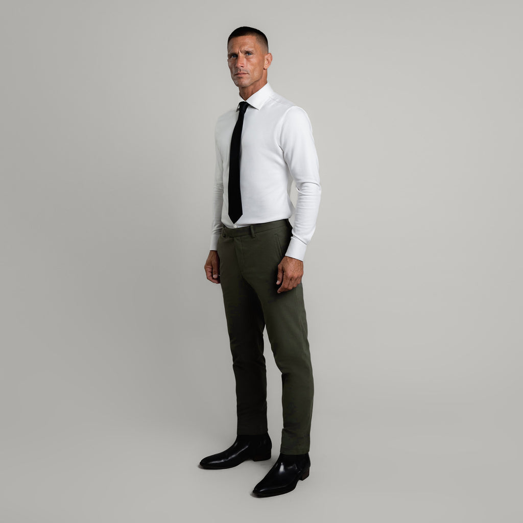 bespoke custom trousers pant chino performance technical model Tyler in Moss