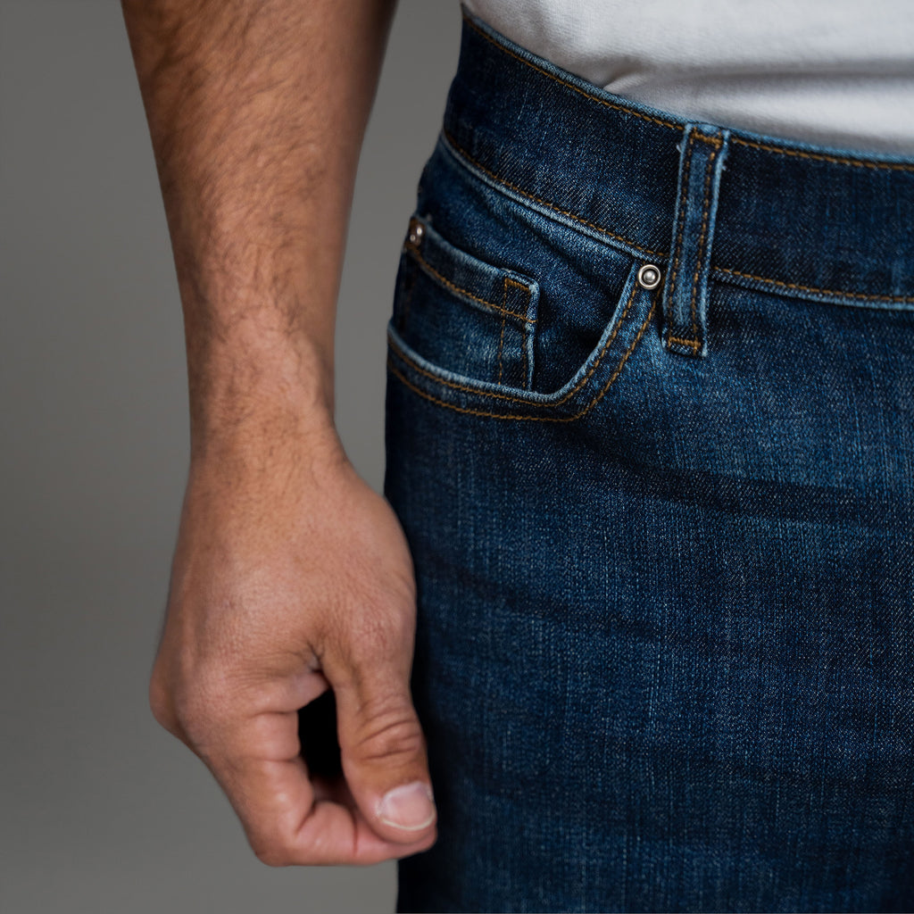 custom men's jeans model Tyler in Sur Blue