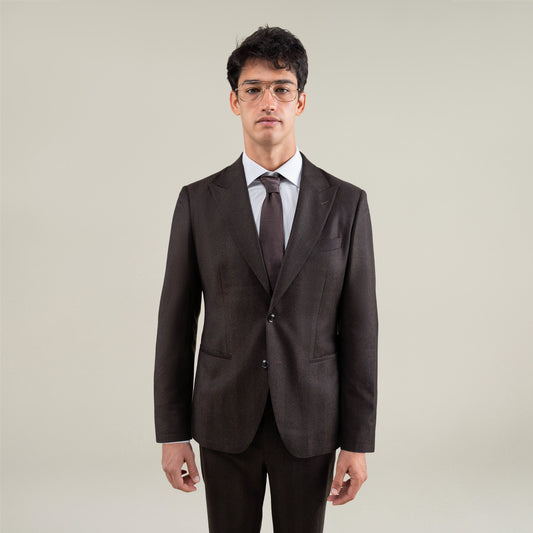Tags:(6'1"|165) Custom Peak Lapel Tuxedo model Jessey in Chocolate Herringbone