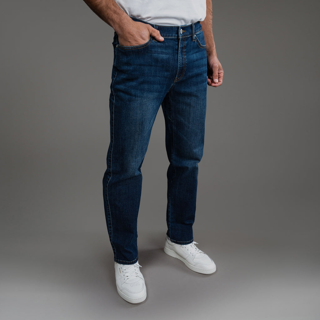 custom men's jeans model Tyler in Sur Blue