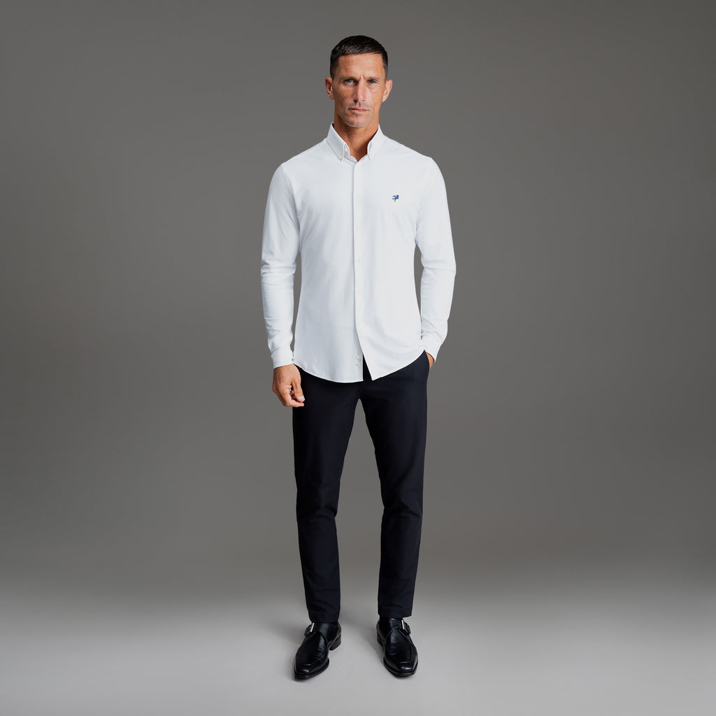 Custom Bespoke Tailored Mercer Shirt model Tyler in White Emblem