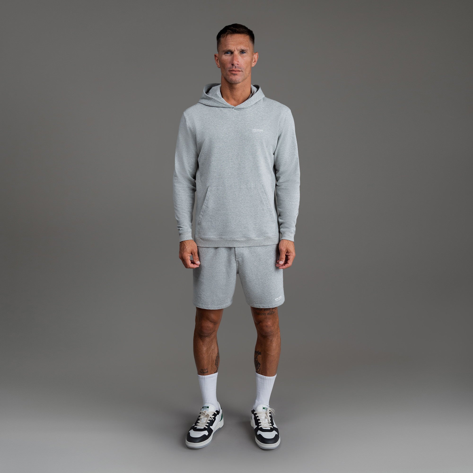 men's custom hoodie model Tyler in Heather Gray