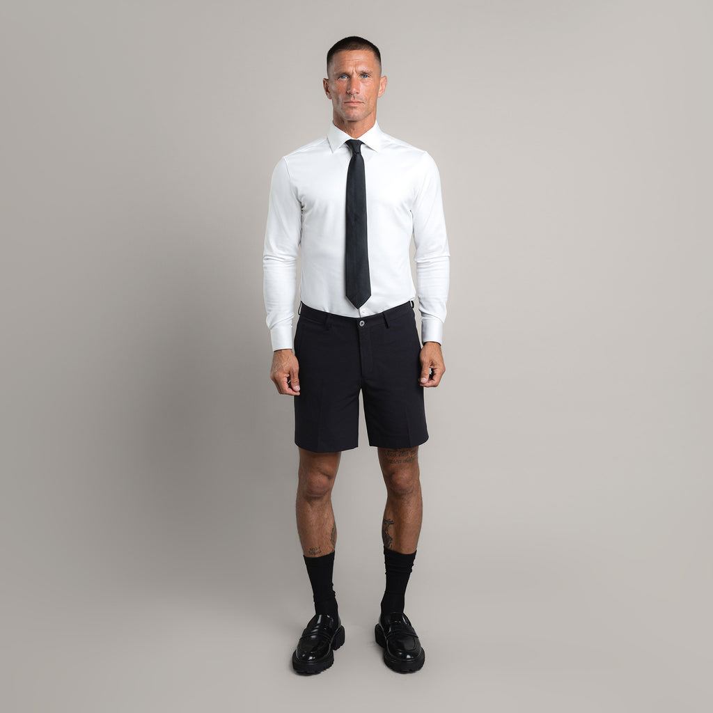 athletic bodybuilder bespoke shorts athletic build model Tyler in Black