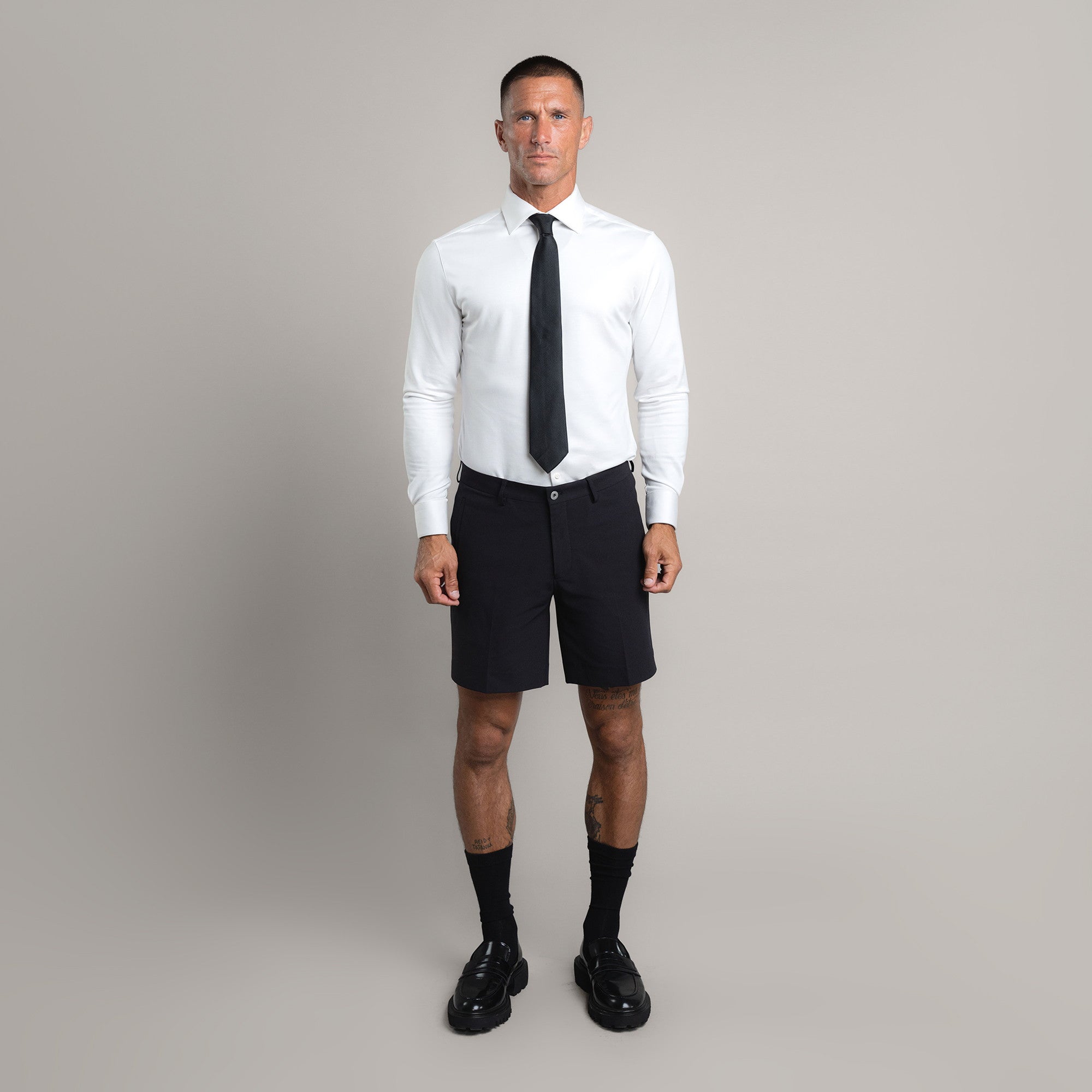 athletic bodybuilder bespoke shorts athletic build model Tyler in Black