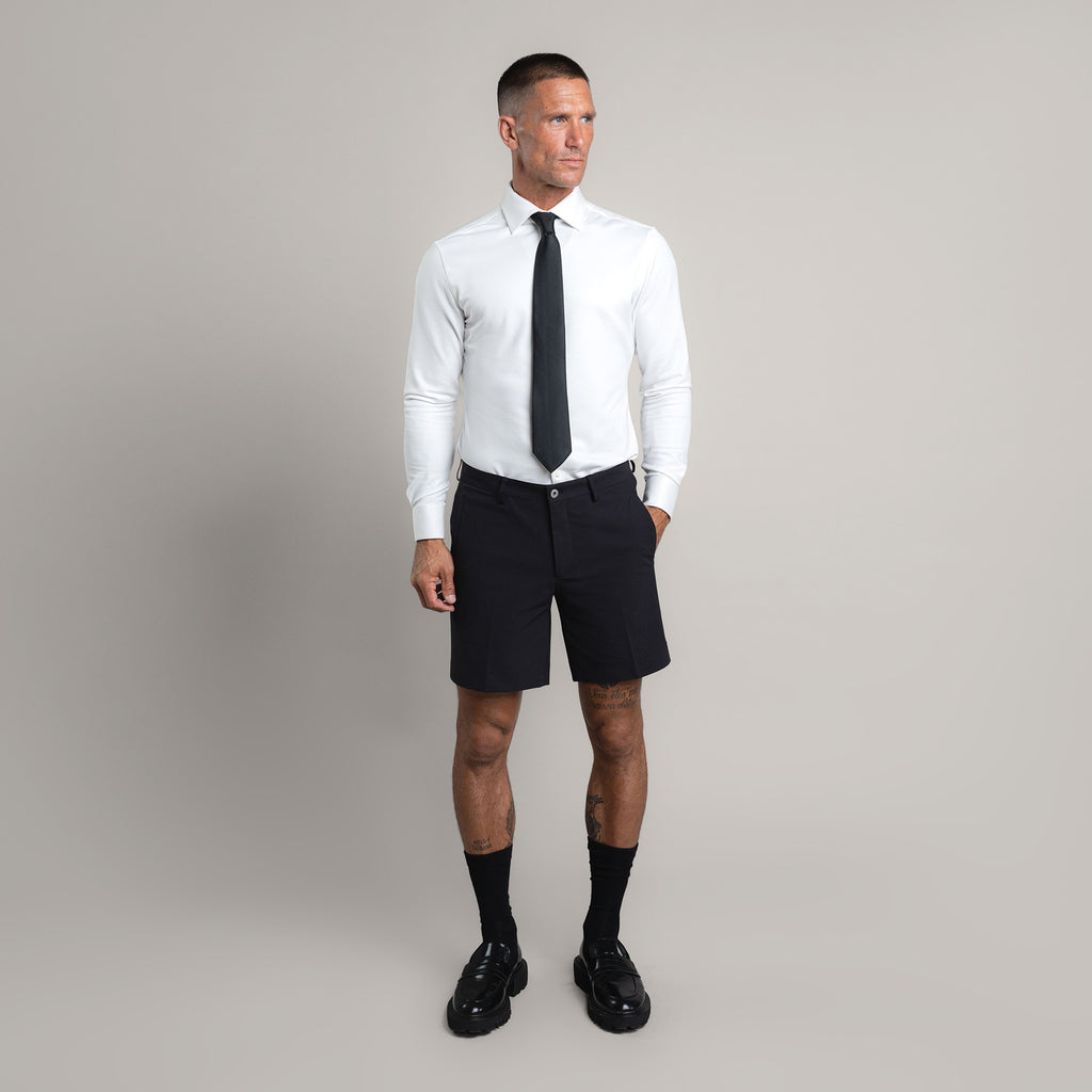 athletic bodybuilder bespoke shorts athletic build model Tyler in Black
