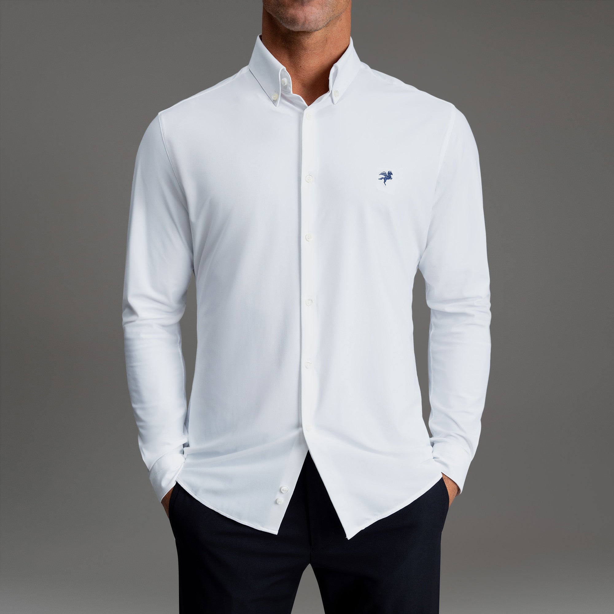Custom Bespoke Tailored Mercer Shirt model Tyler in White Emblem