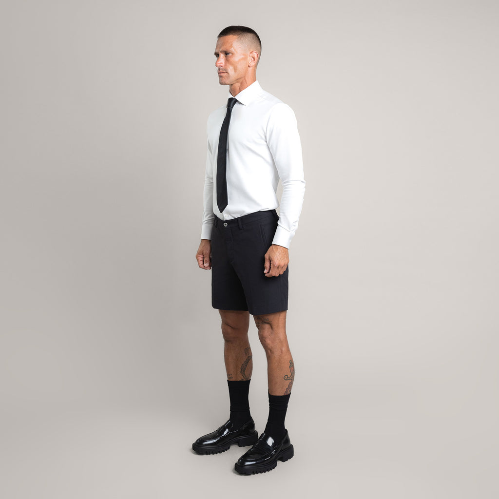 athletic bodybuilder bespoke shorts athletic build model Tyler in Black