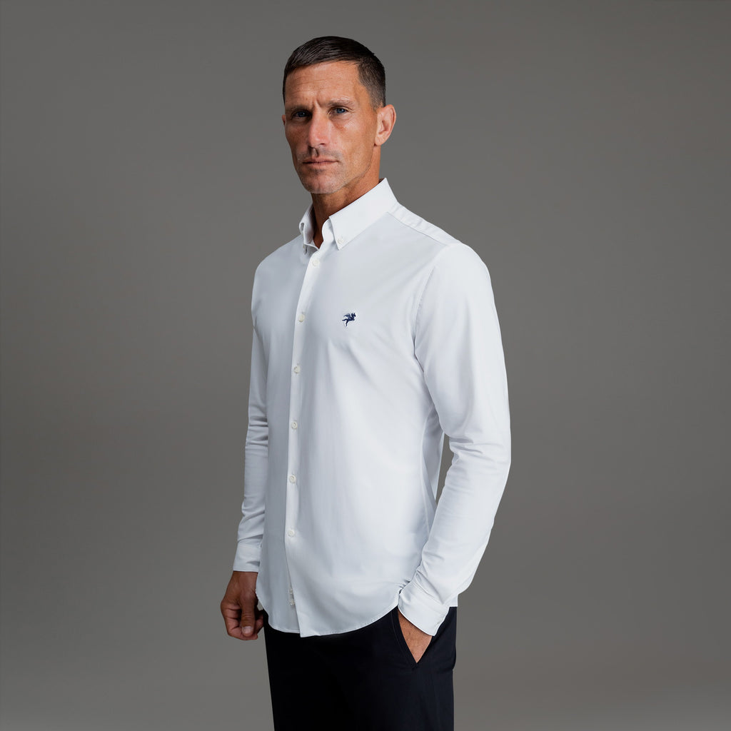 Custom Bespoke Tailored Mercer Shirt model Tyler in White Emblem