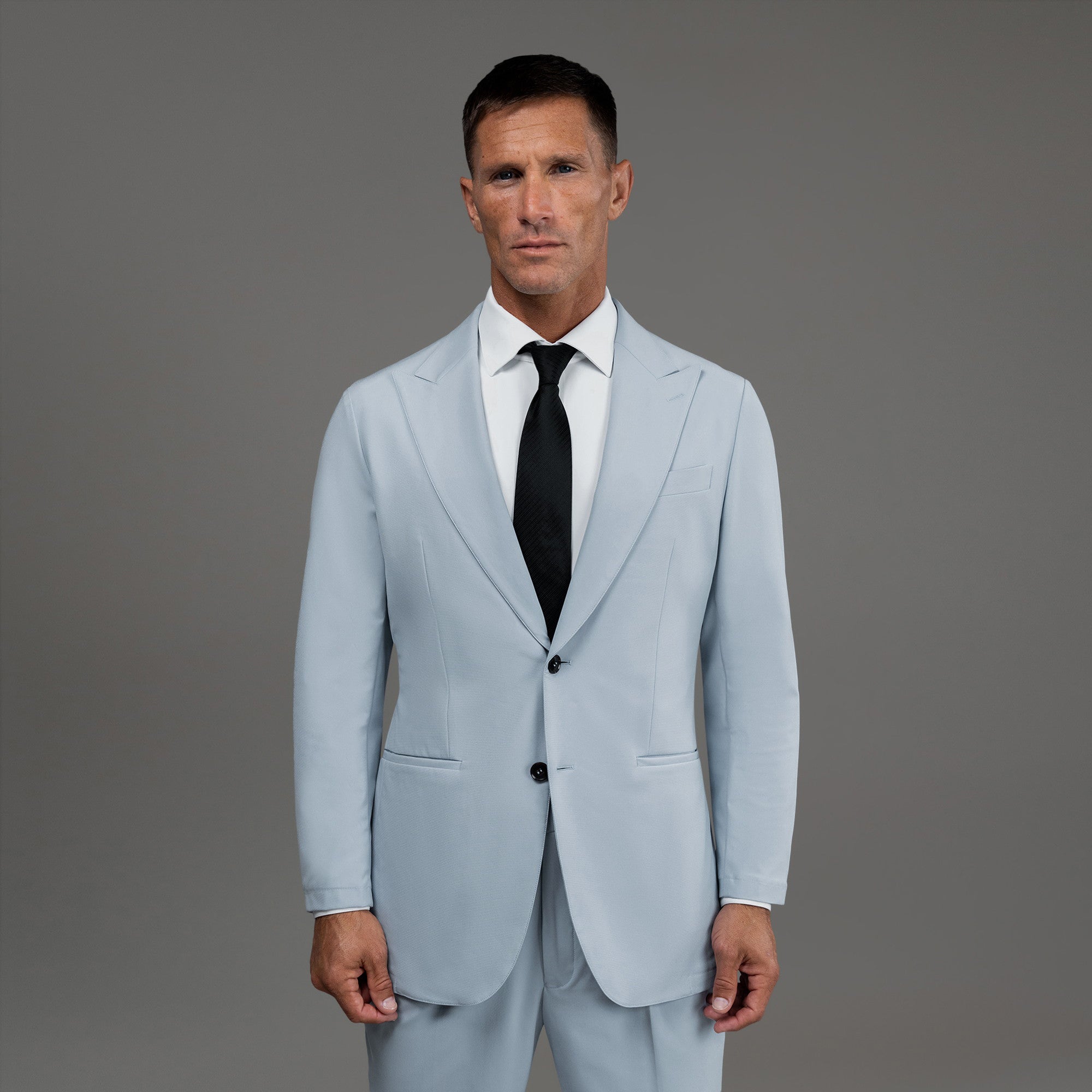 Custom Peak Lapel Tuxedo model Tyler in Sky
