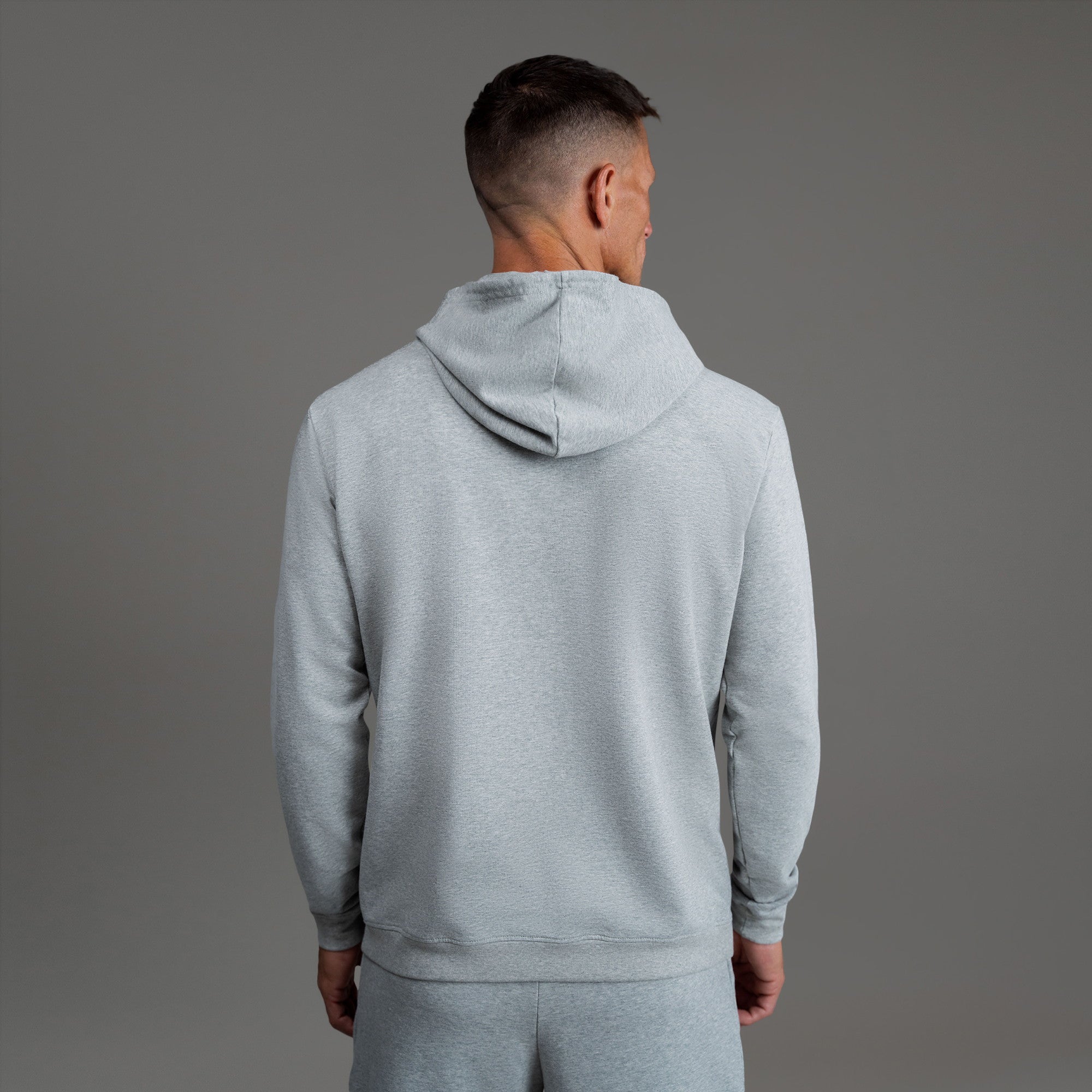 men's custom hoodie model Tyler in Heather Gray