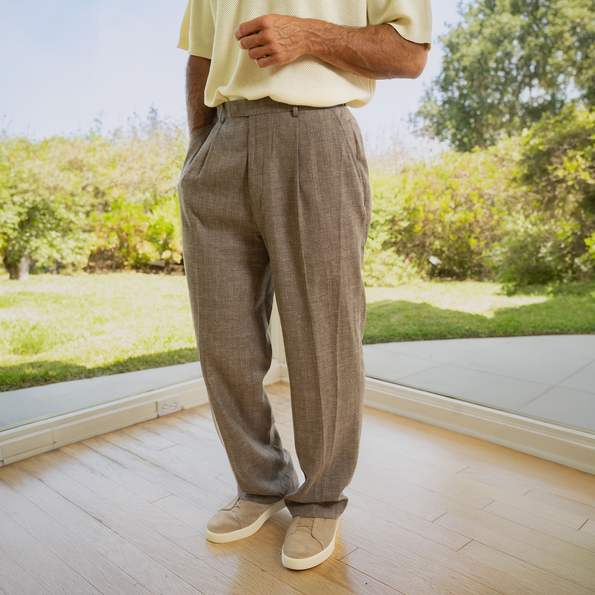 Ford Wool Linen Silk Trousers model tyler in Sage Brush