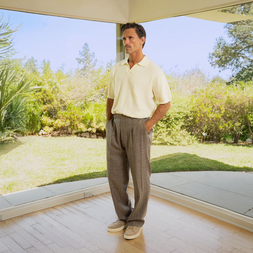 Ford Wool Linen Silk Trousers model tyler in Sage Brush