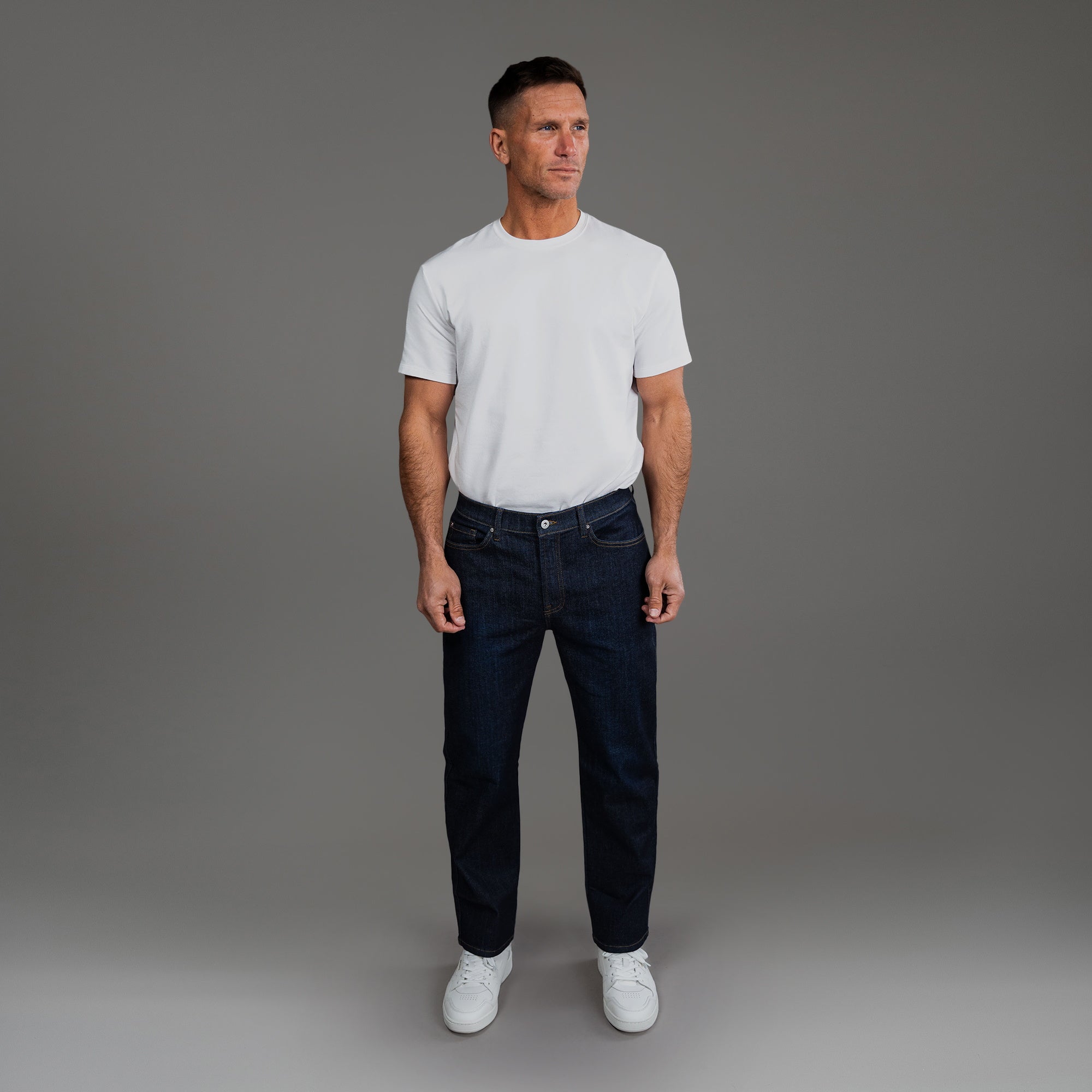 custom men's jeans model Tyler in Dark Wash