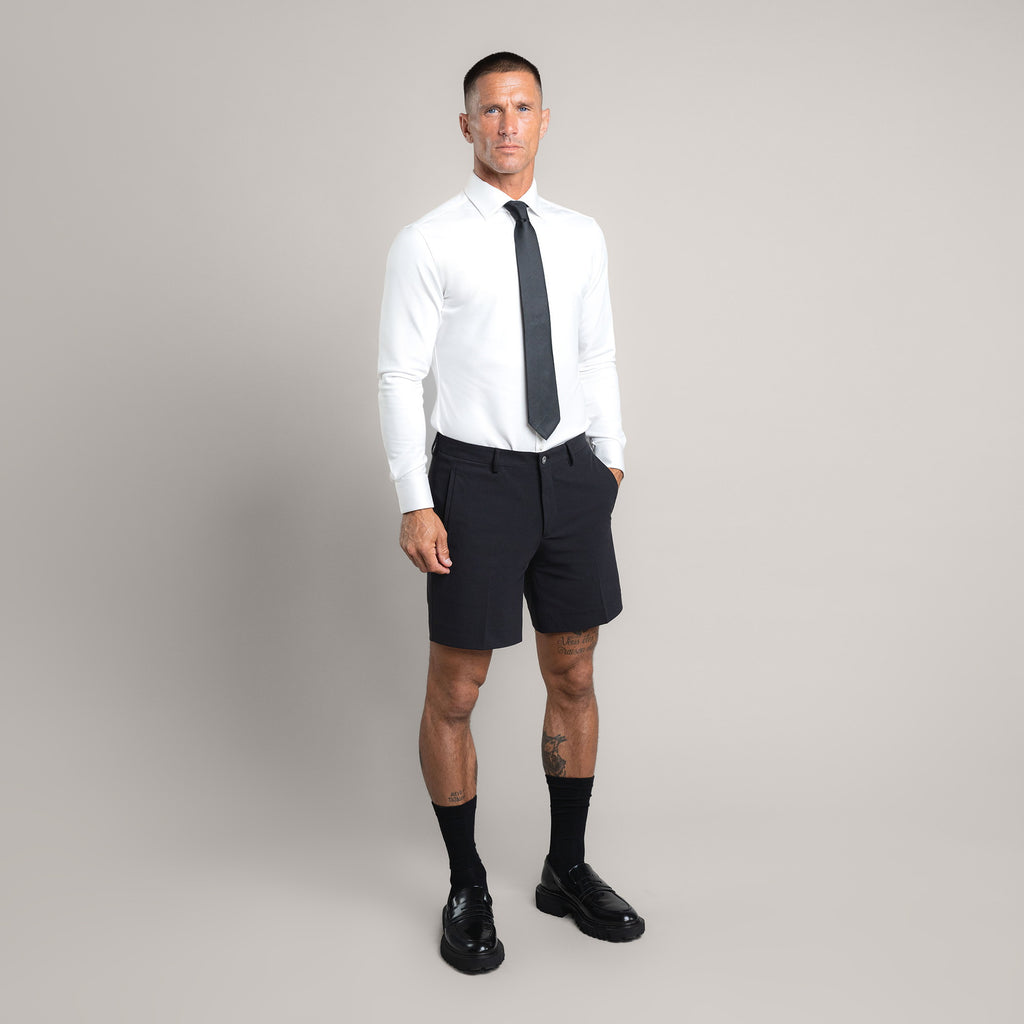 athletic bodybuilder bespoke shorts athletic build model Tyler in Black