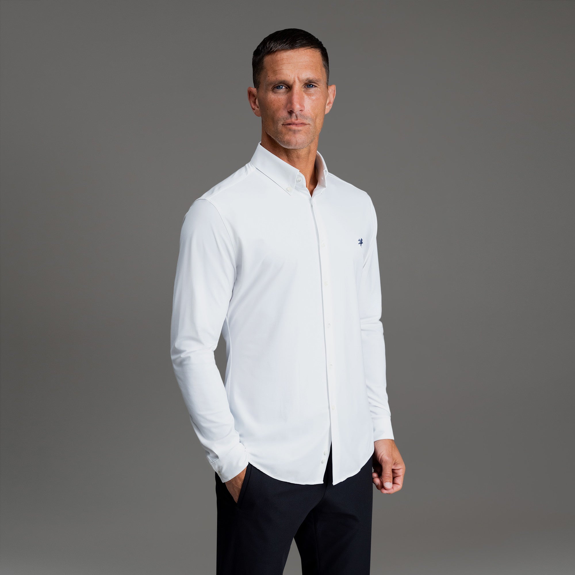 Custom Bespoke Tailored Mercer Shirt model Tyler in White Emblem
