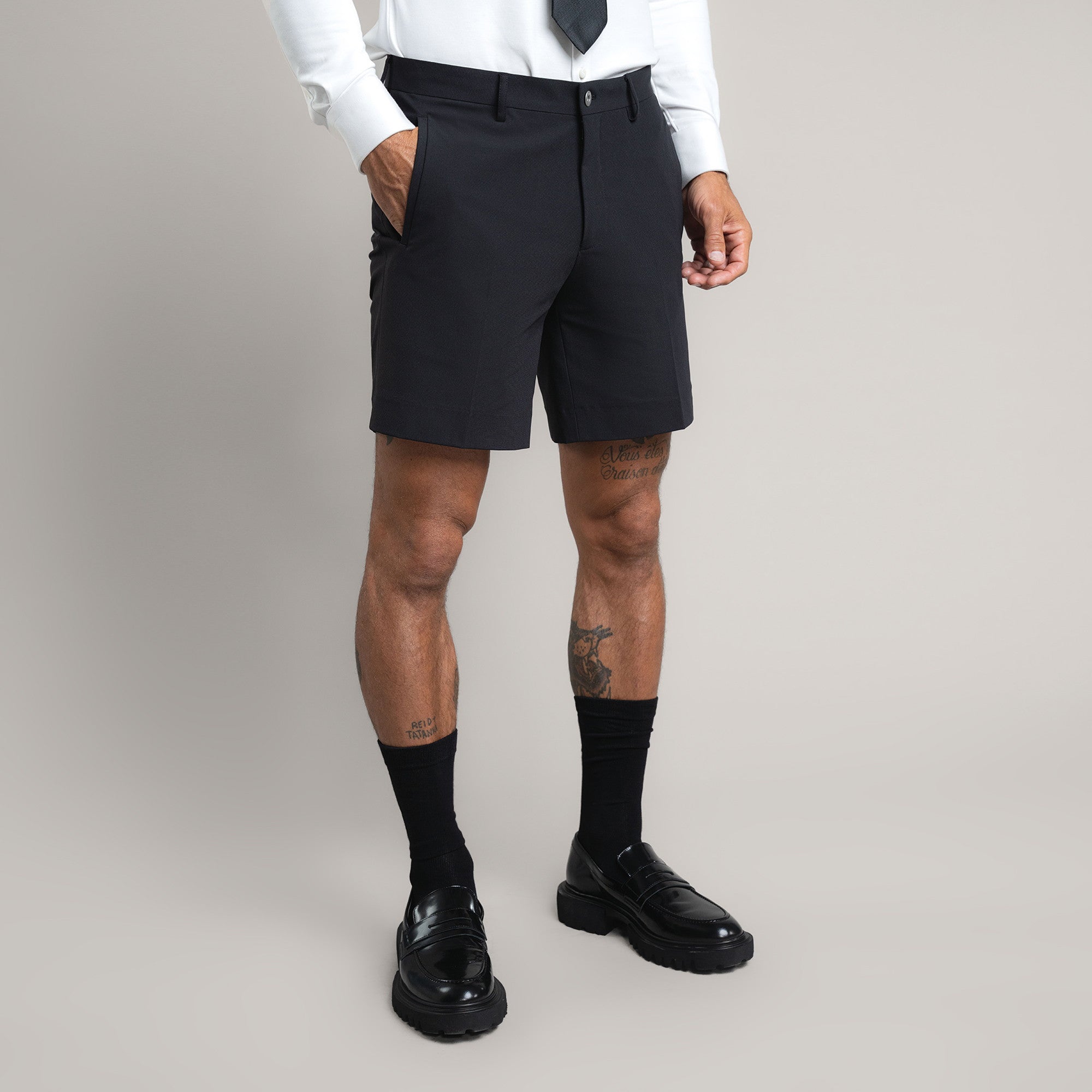 athletic bodybuilder bespoke shorts athletic build model Tyler in Black