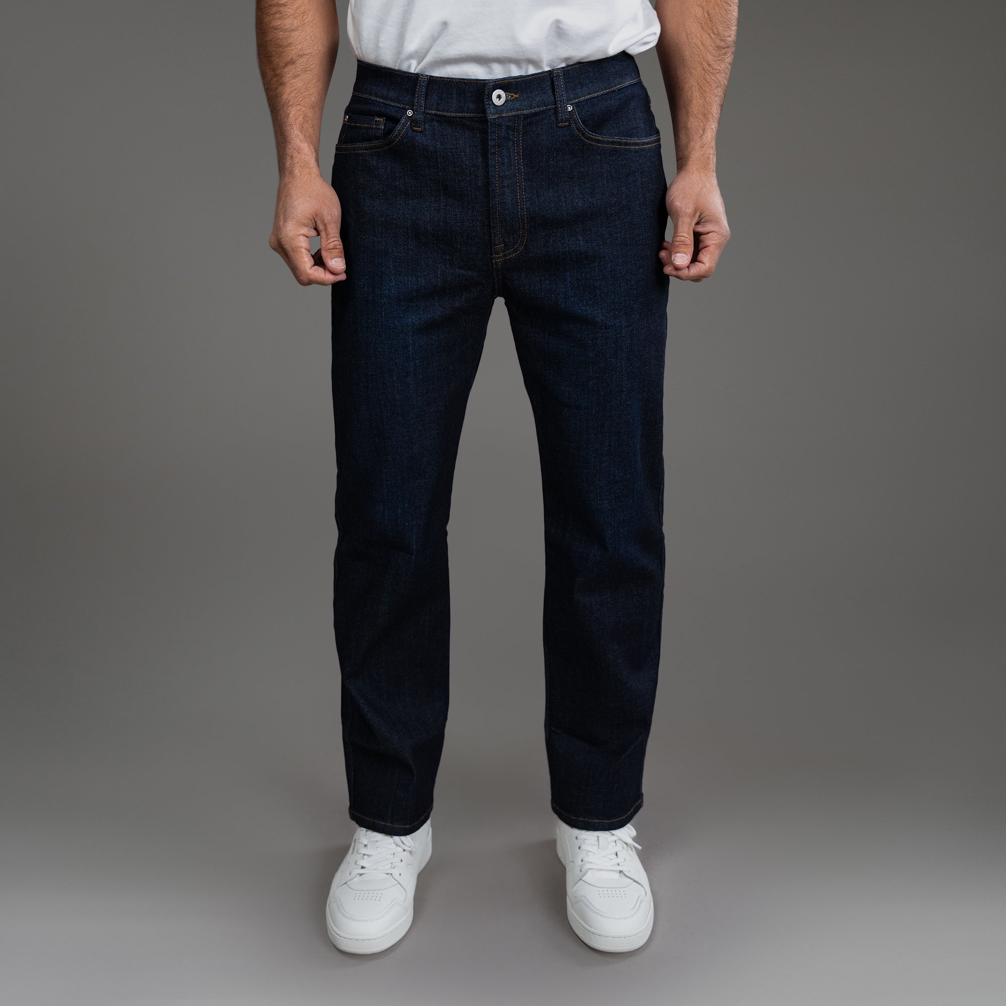 Tags:(6'0" | 180 lbs) custom men's jeans model Tyler in Dark Wash