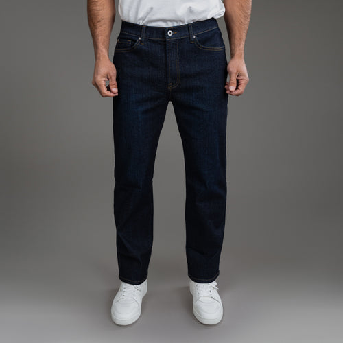 Tags:(6'0" | 180 lbs) custom men's jeans model Tyler in Dark Wash