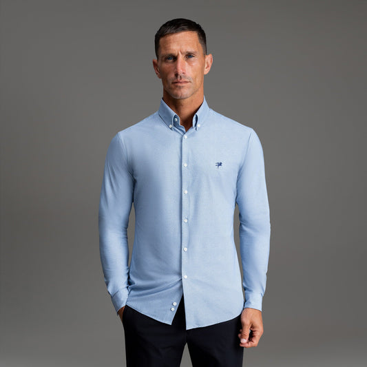 Custom Bespoke Tailored Mercer Shirt model Tyler in Light Blue Emblem