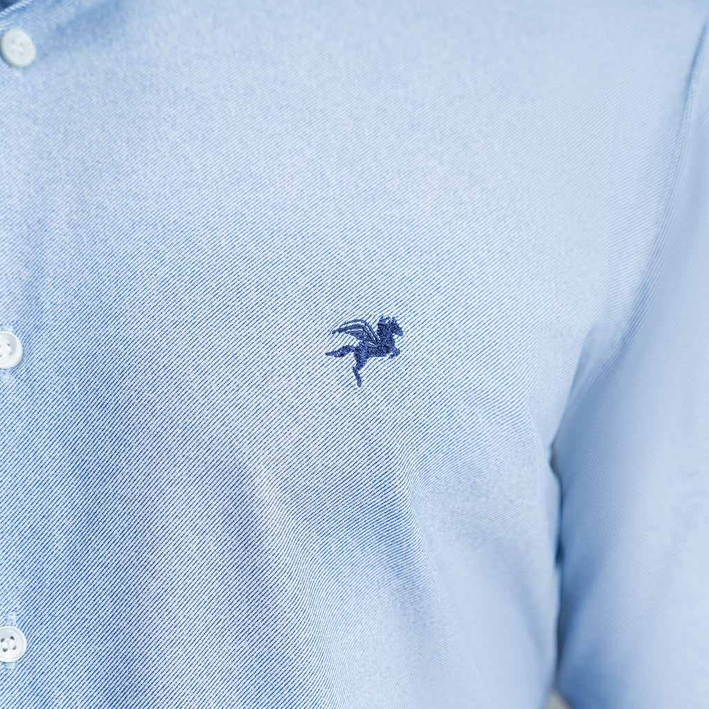 Custom Bespoke Tailored Mercer Shirt model Tyler in Light Blue Emblem