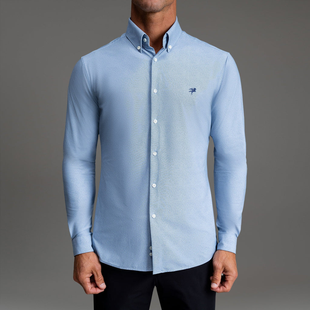 Custom Bespoke Tailored Mercer Shirt model Tyler in Light Blue Emblem
