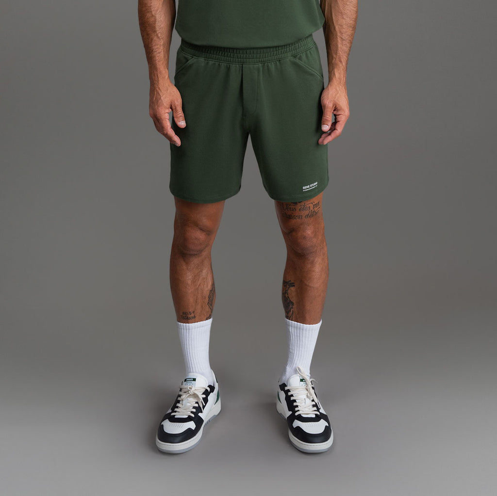 Custom bespoke shorts athleisure athletic build model Tyler in Moss
