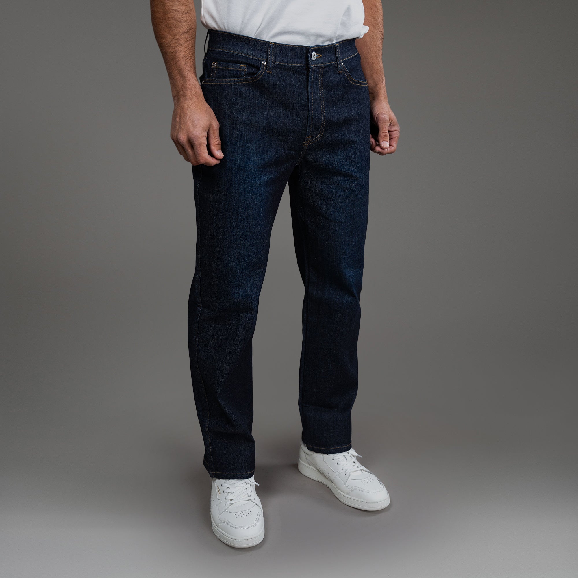 custom men's jeans model Tyler in Dark Wash