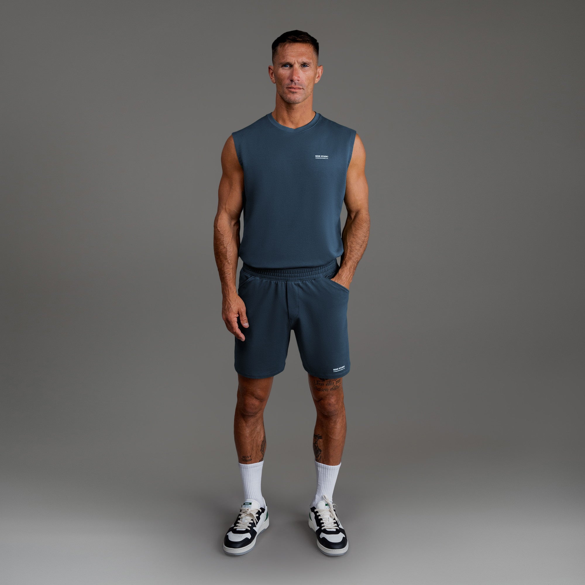 Custom bespoke shorts athleisure athletic build model Tyler in Deep Sea