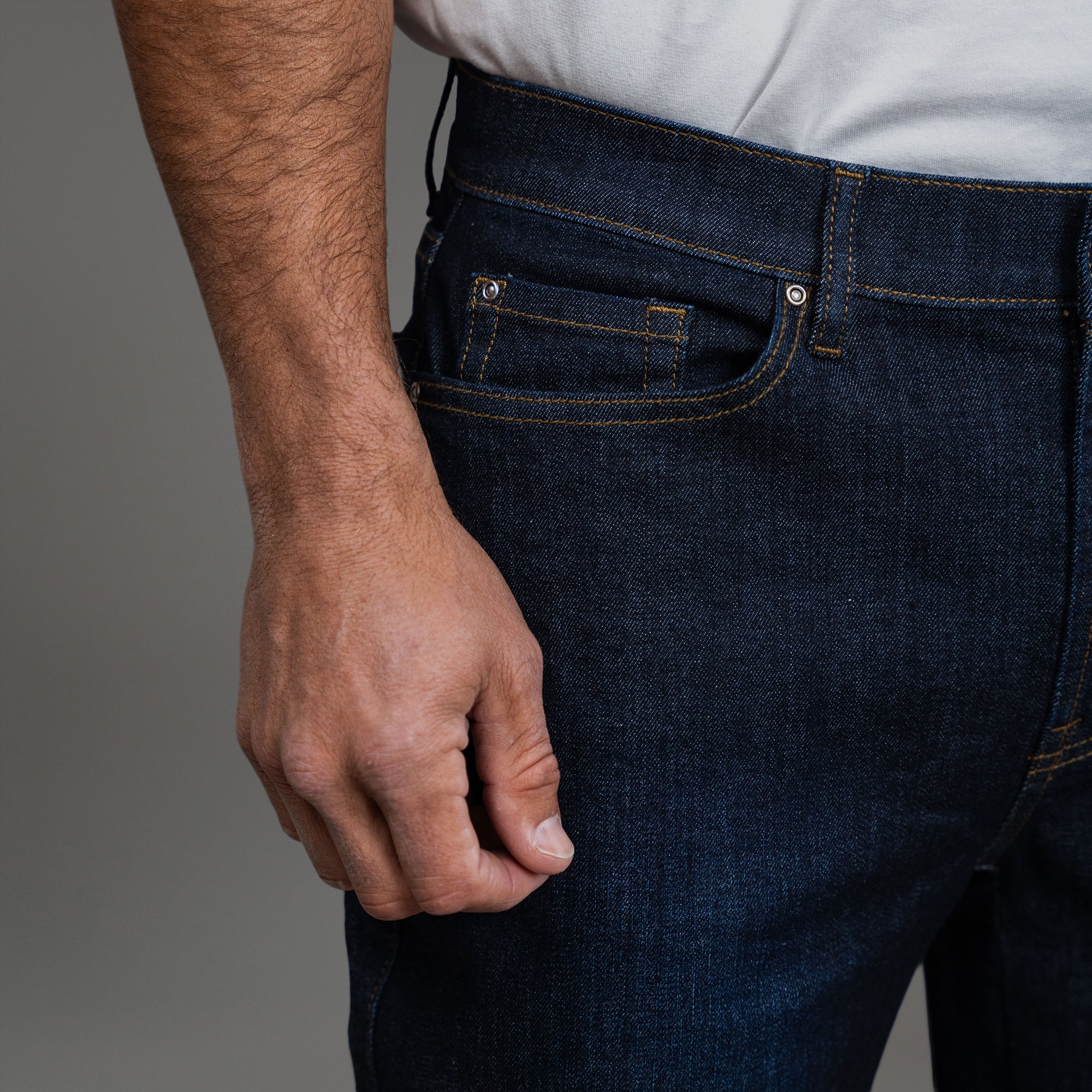 custom men's jeans model Tyler in Dark Wash