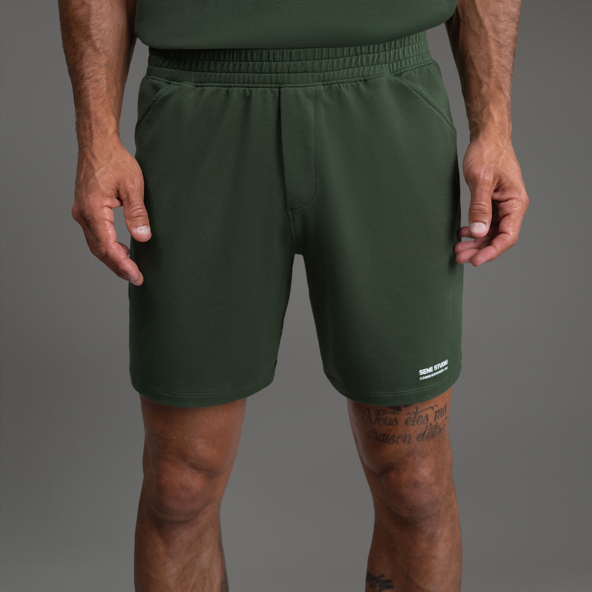 Custom bespoke shorts athleisure athletic build model Tyler in Moss