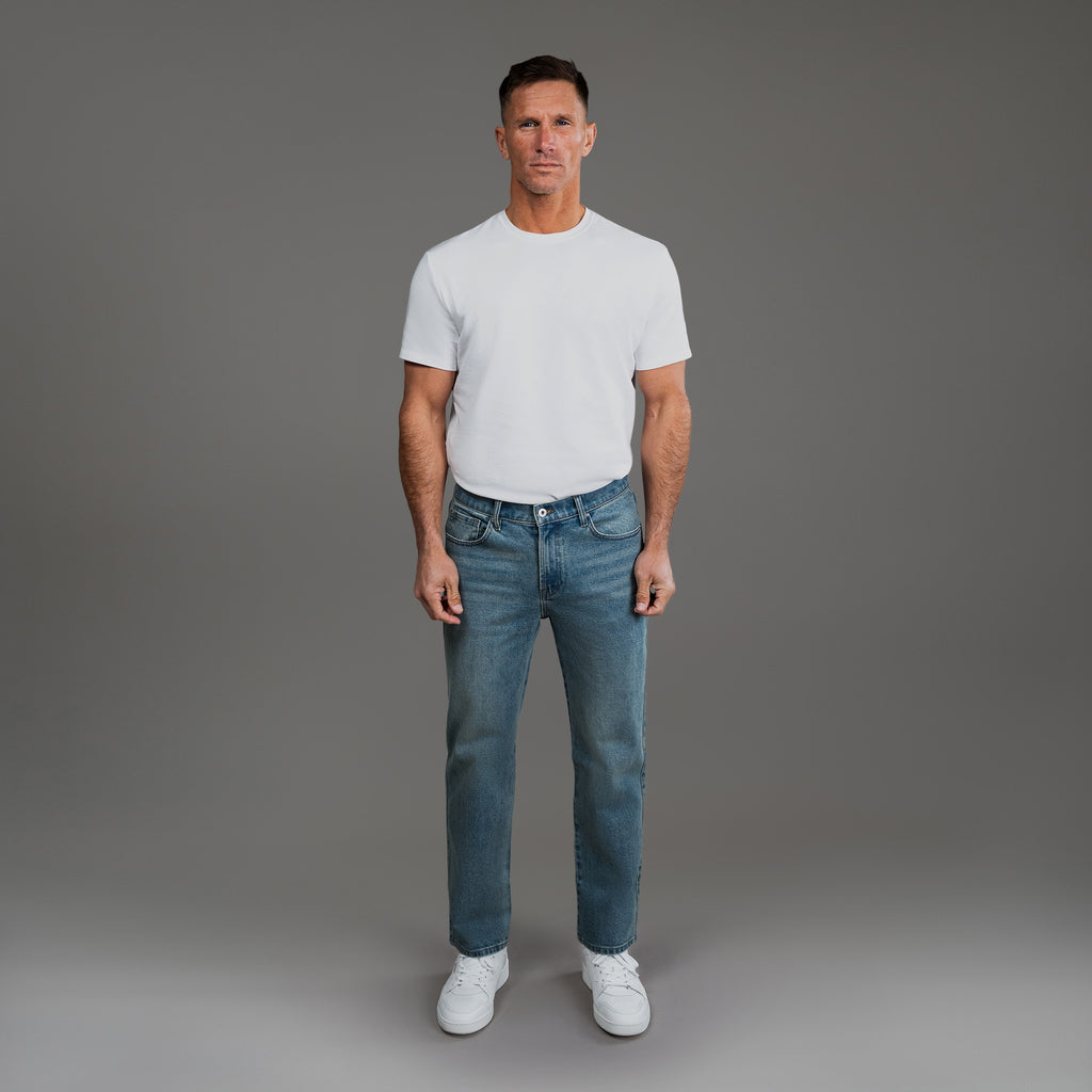 sizeless bespoke custom jeans model Tyler in Indigo Dune