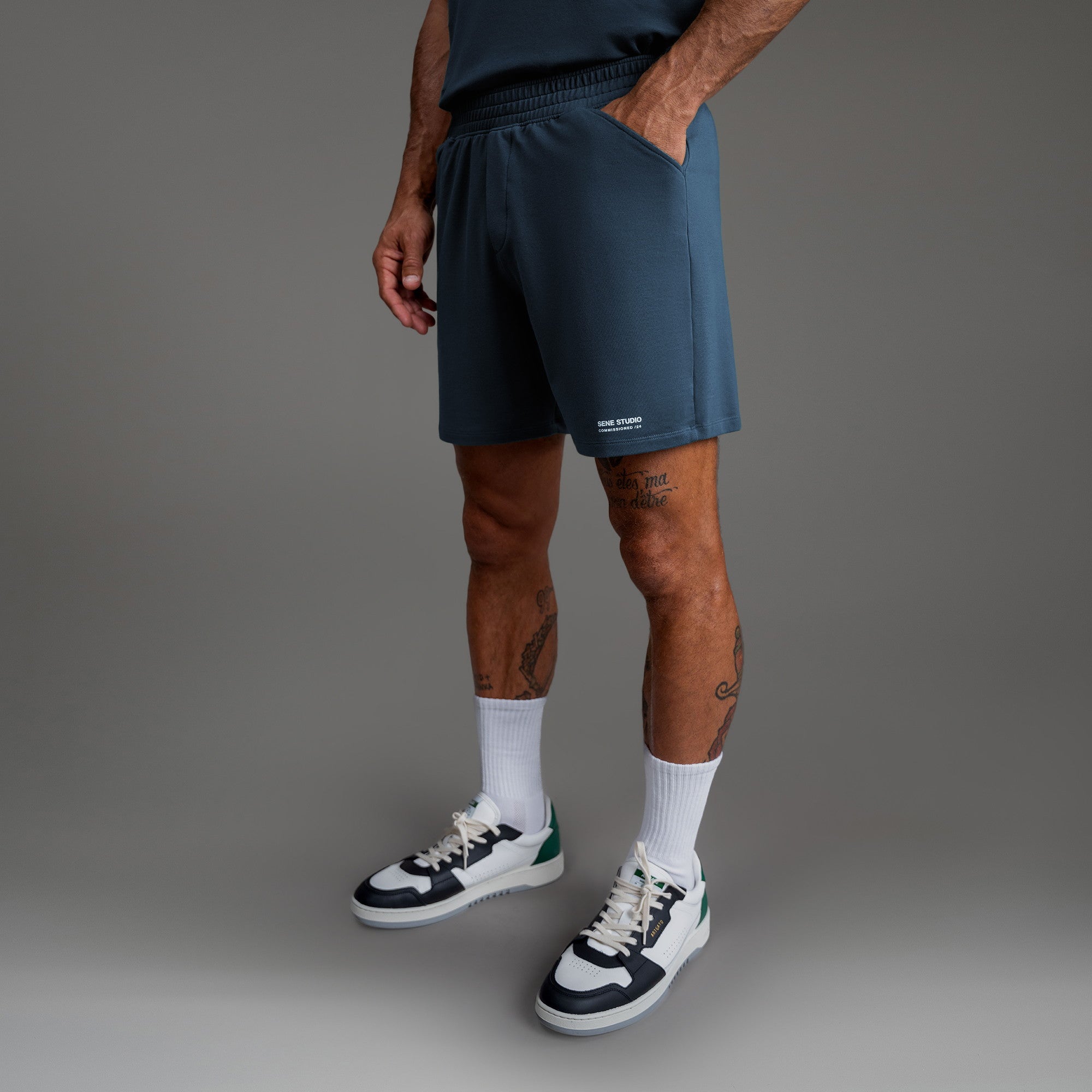 Custom bespoke shorts athleisure athletic build model Tyler in Deep Sea
