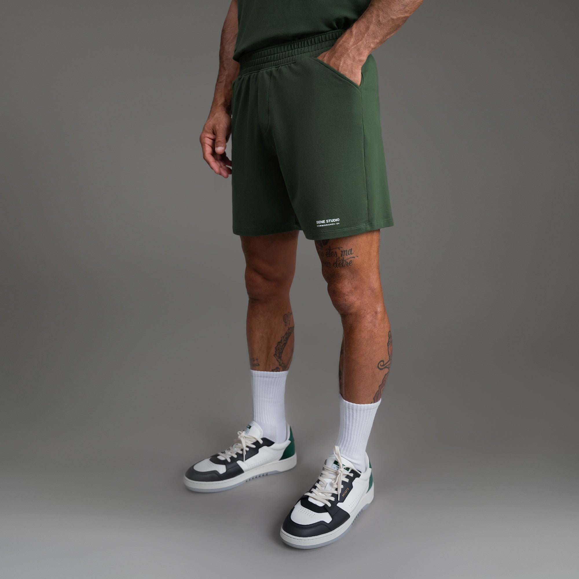 Custom bespoke shorts athleisure athletic build model Tyler in Moss