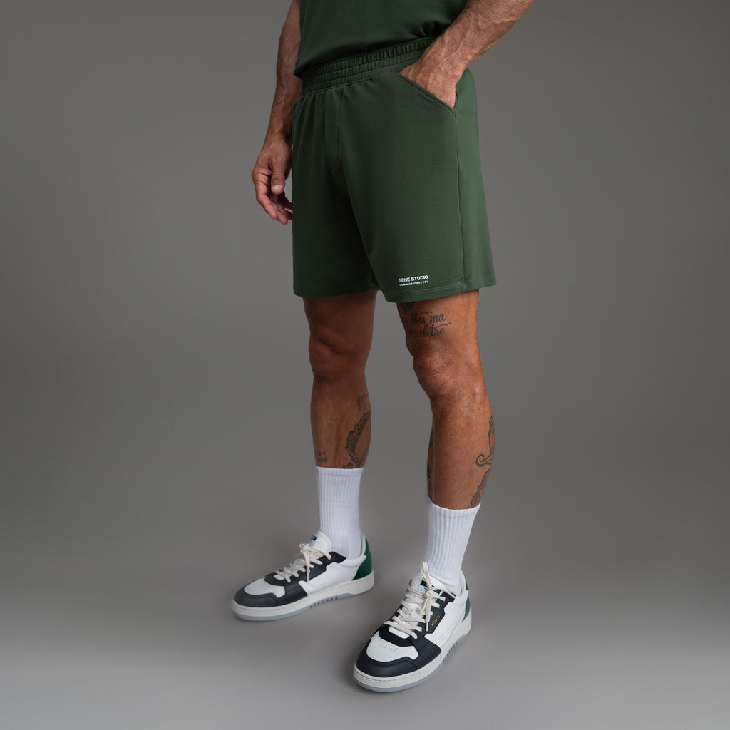 Custom bespoke shorts athleisure athletic build model Tyler in Moss