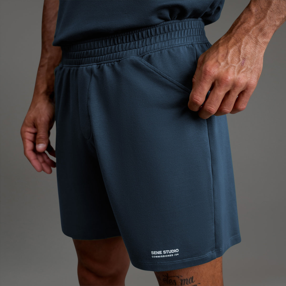 Custom bespoke shorts athleisure athletic build model Tyler in Deep Sea