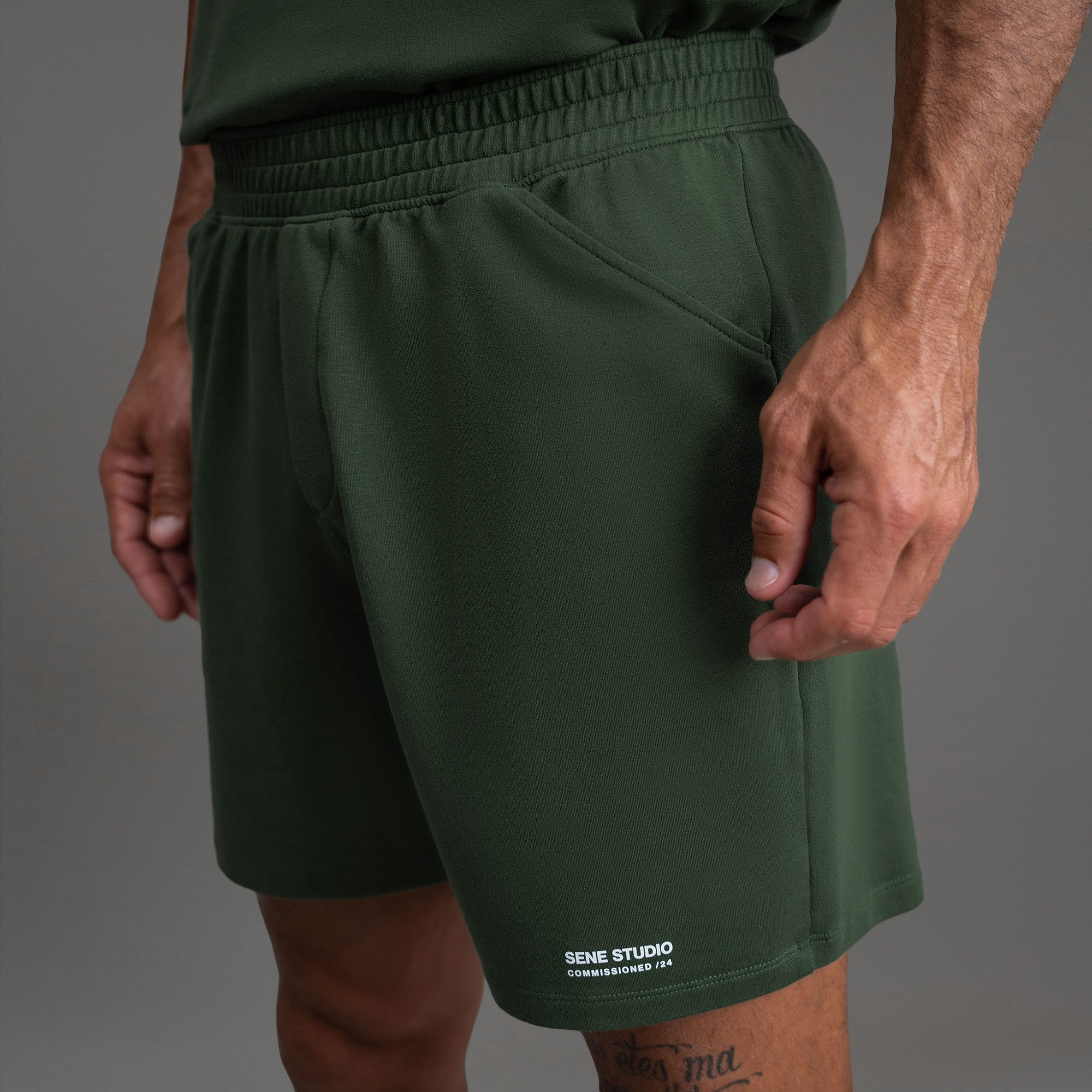 Custom bespoke shorts athleisure athletic build model Tyler in Moss