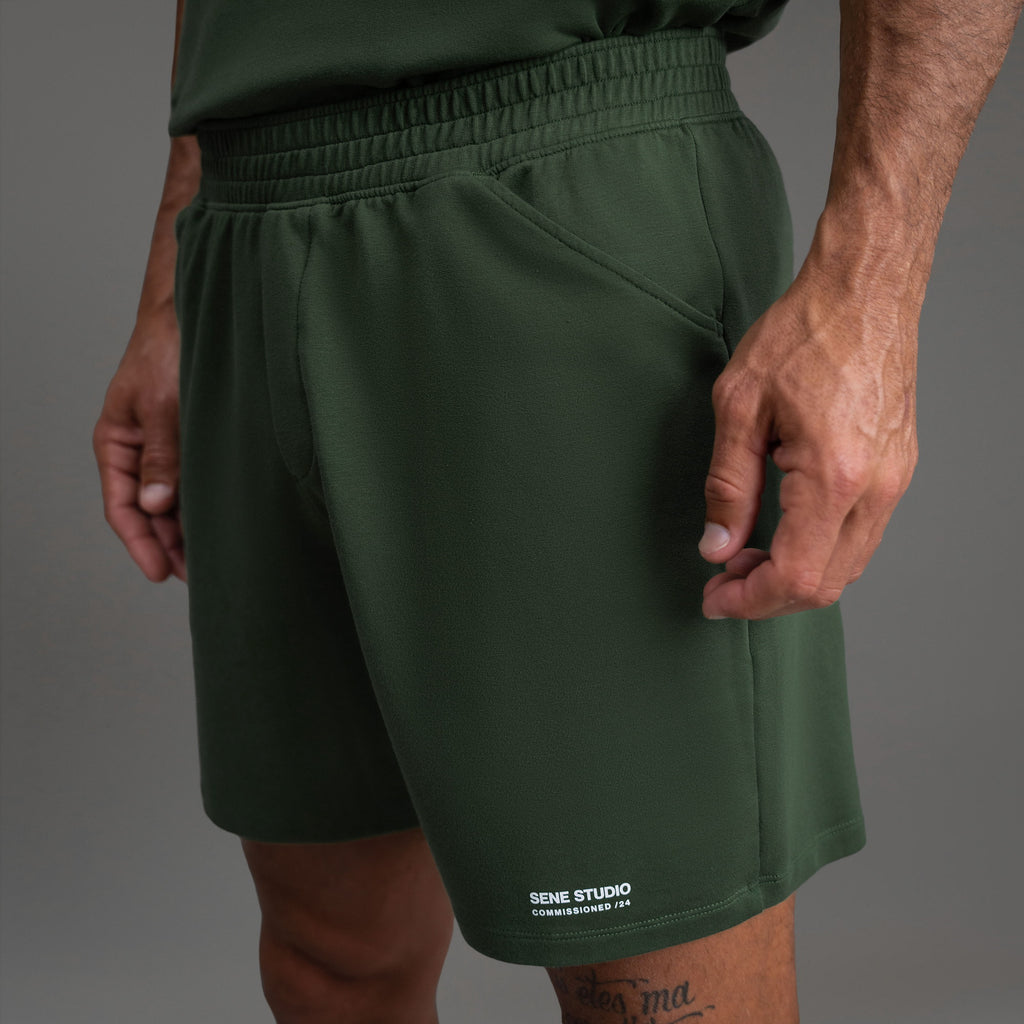 Custom bespoke shorts athleisure athletic build model Tyler in Moss