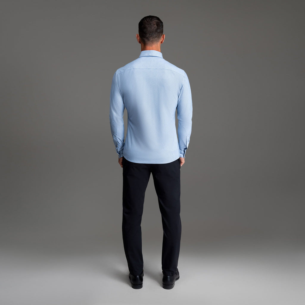 Custom Bespoke Tailored Mercer Shirt model Tyler in Light Blue Emblem