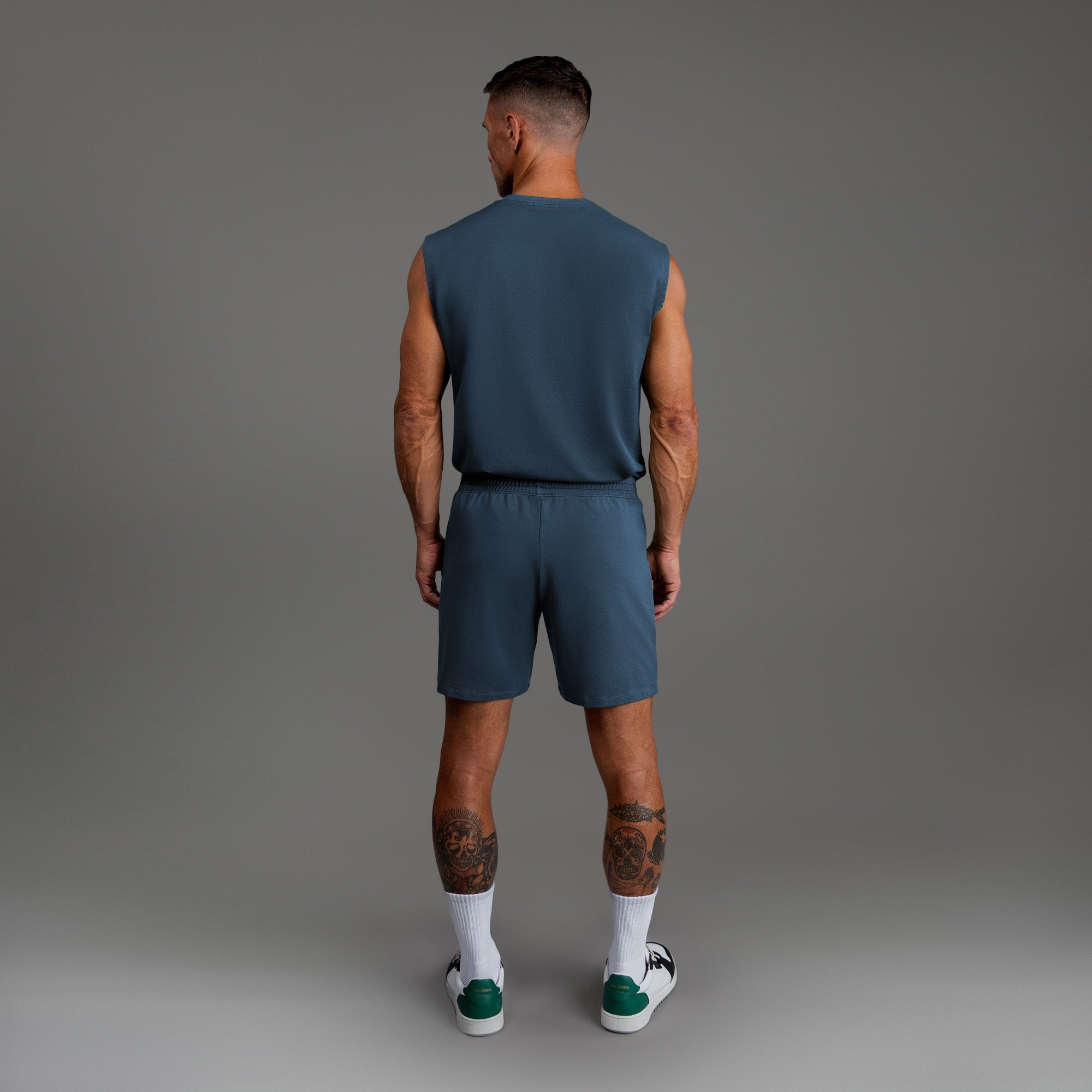 Custom bespoke shorts athleisure athletic build model Tyler in Deep Sea