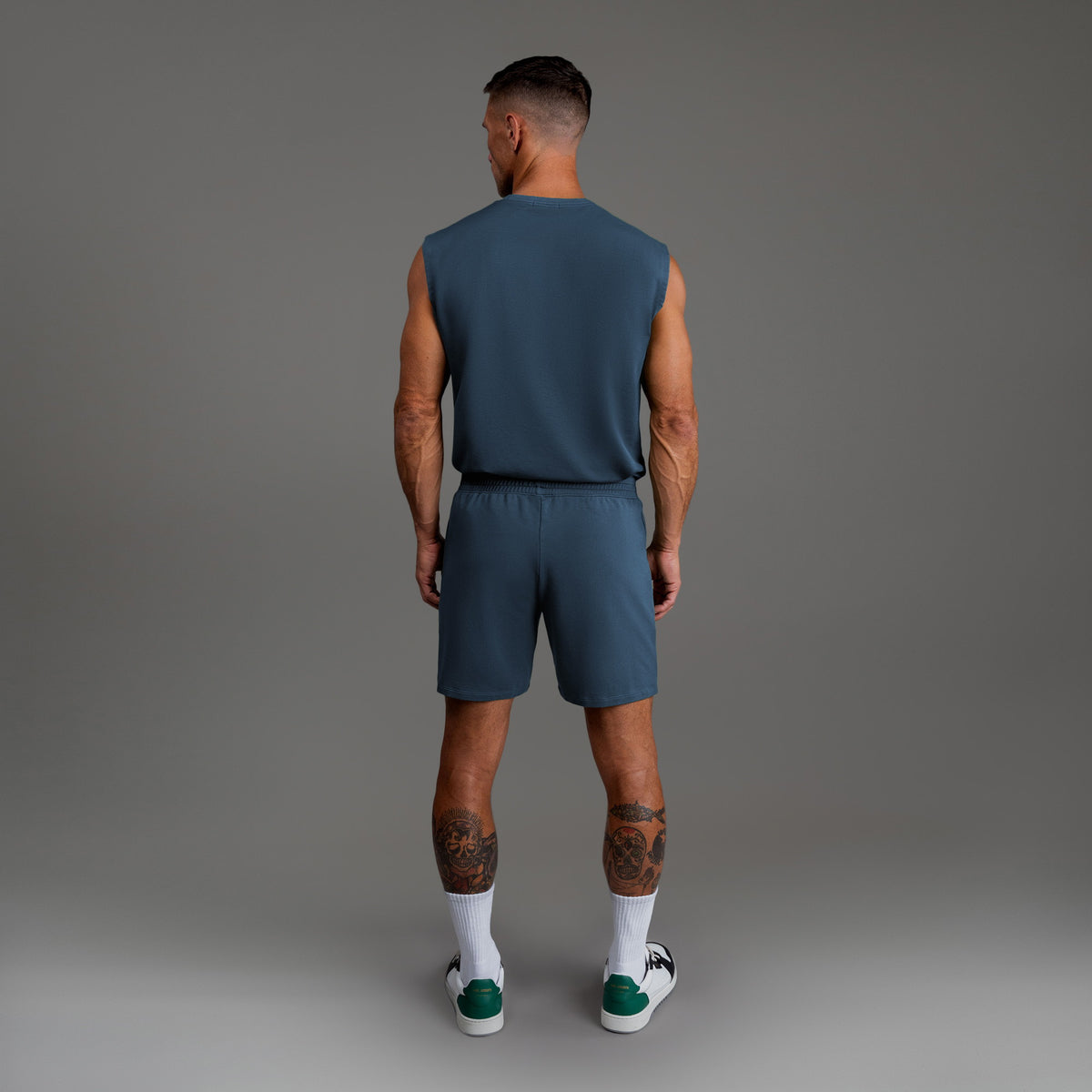 Custom bespoke shorts athleisure athletic build model Tyler in Deep Sea