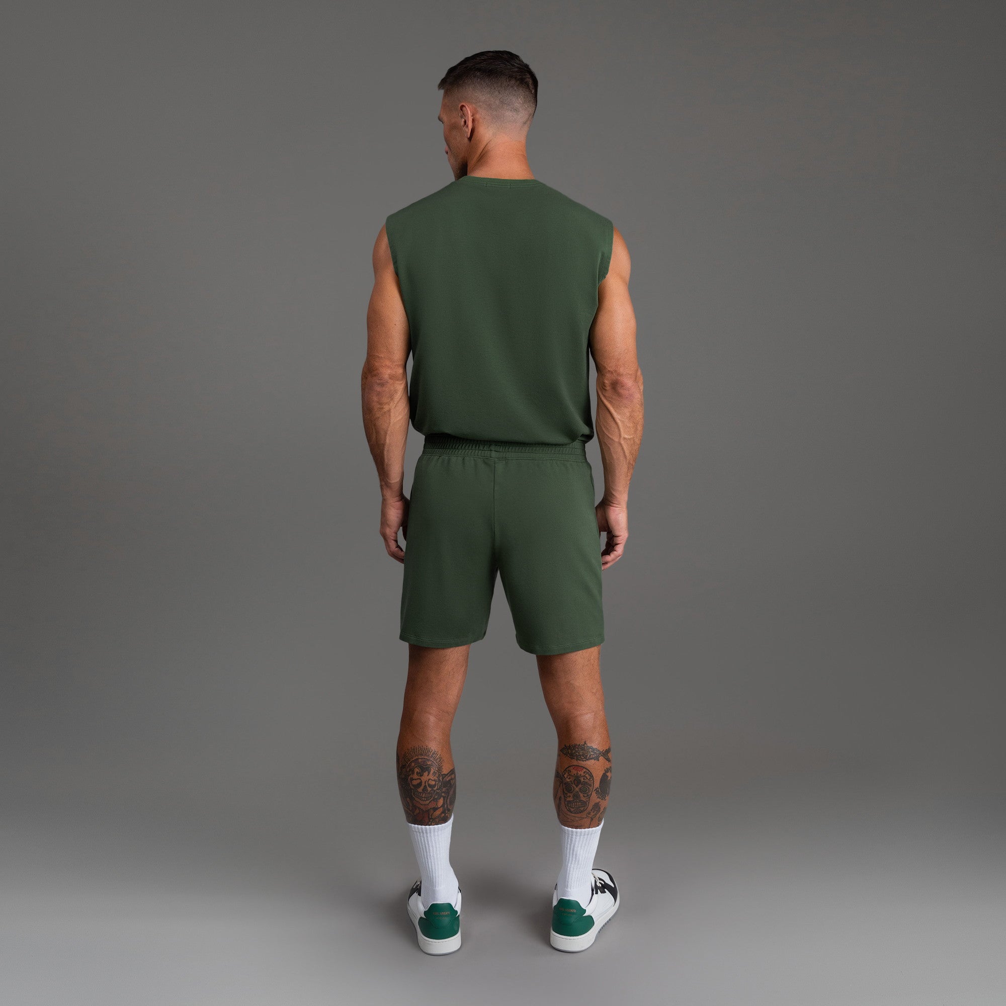 Custom bespoke shorts athleisure athletic build model Tyler in Moss