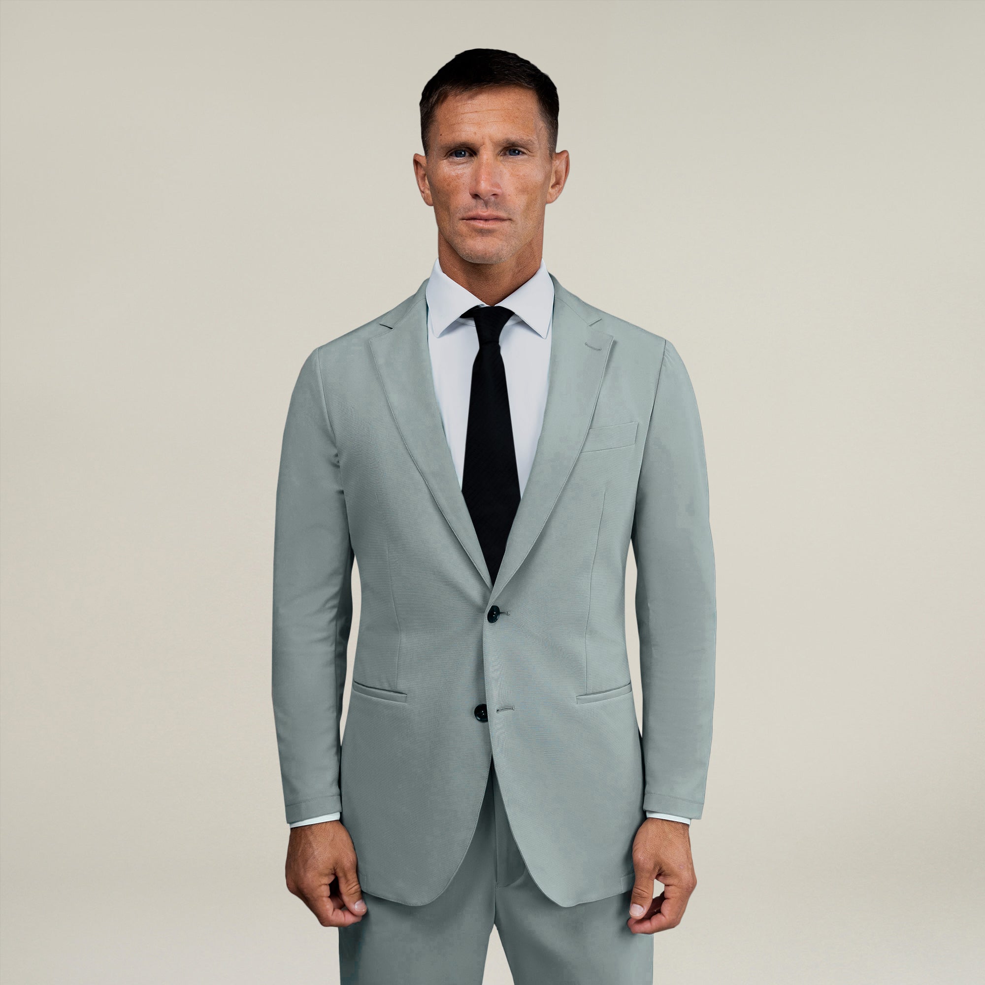 Tags:(6'0"|180 lbs) Bespoke custom athleisure technical men's suit los angeles model Tyler in Wind