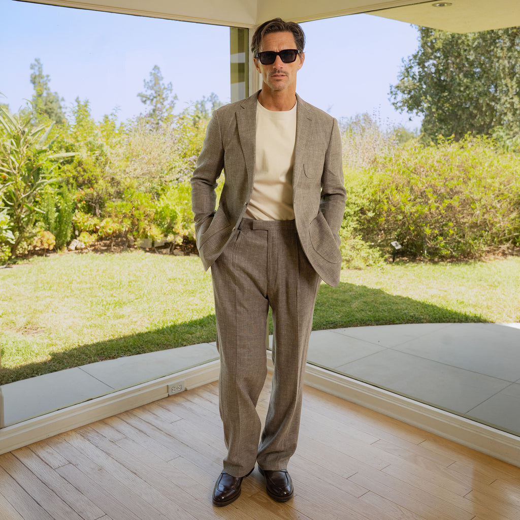Solano Wool Linen Silk Blazer model tyler in Sage Brush