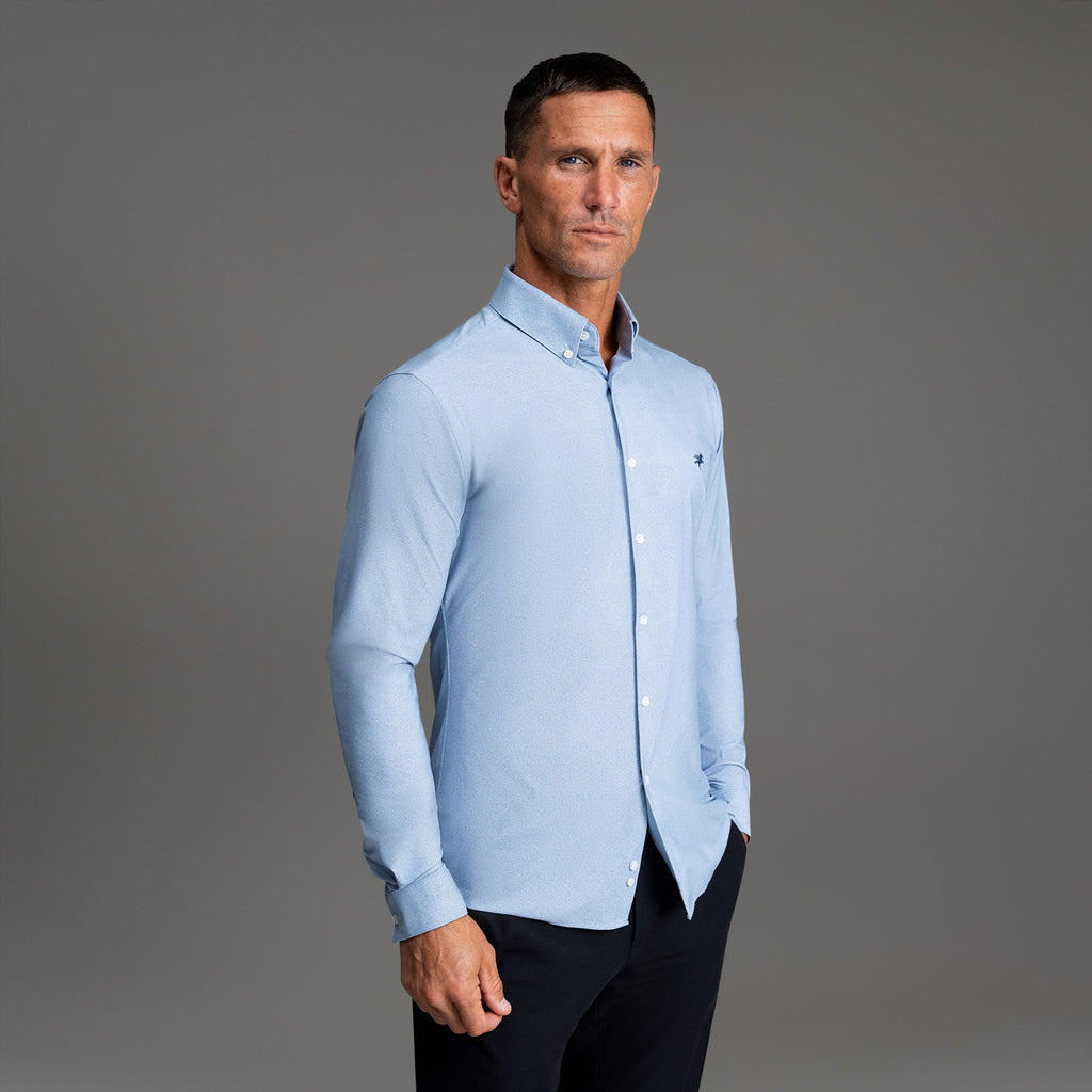 Custom Bespoke Tailored Mercer Shirt model Tyler in Light Blue Emblem