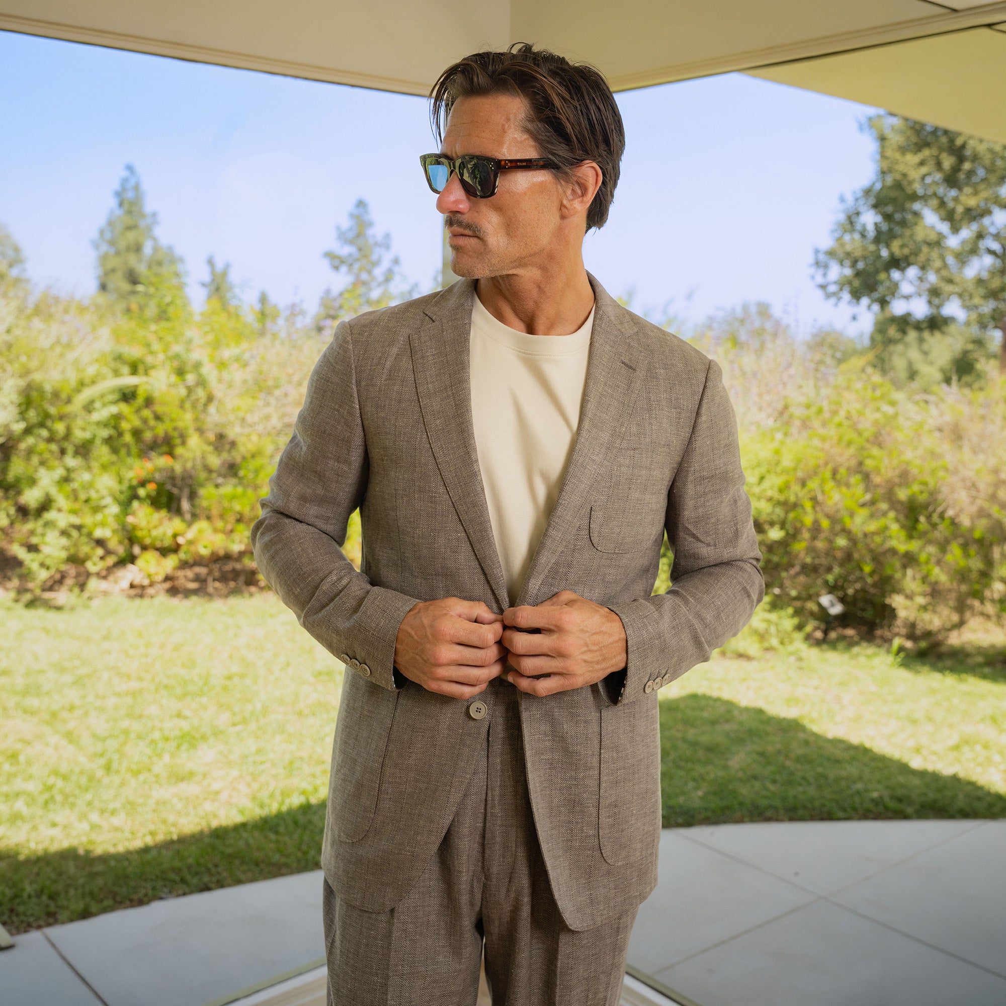 Solano Wool Linen Silk Blazer model tyler in Sage Brush