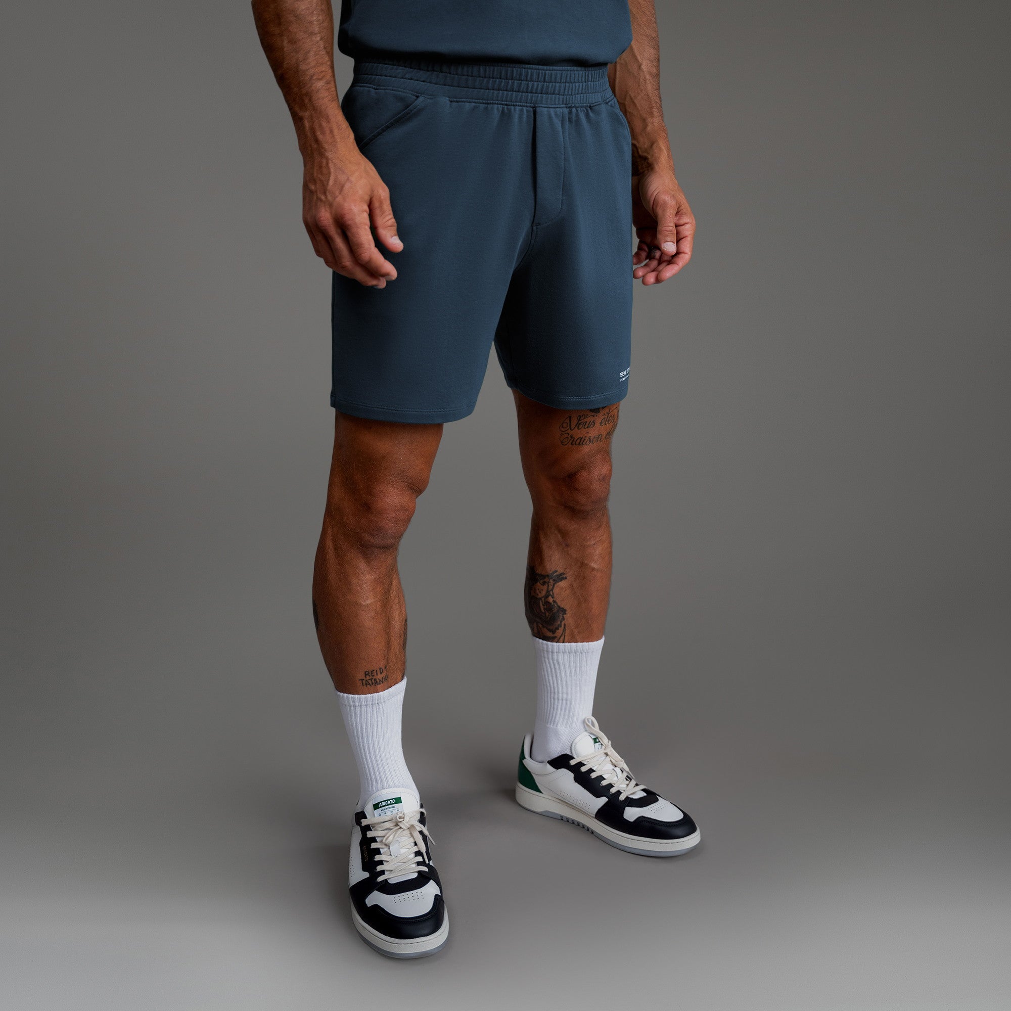 Custom bespoke shorts athleisure athletic build model Tyler in Deep Sea