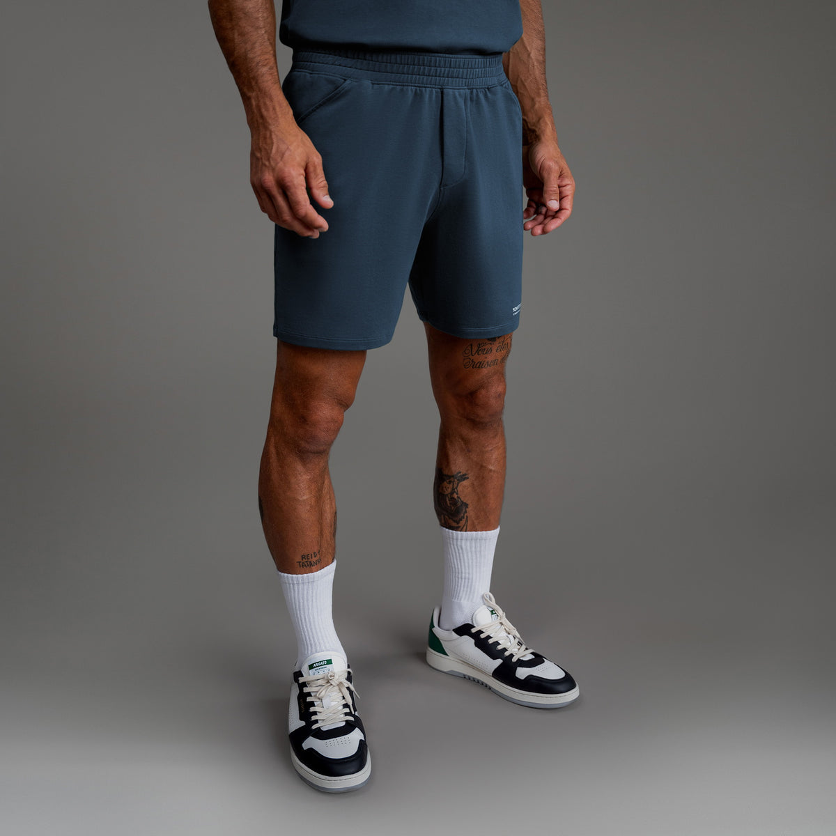 Custom bespoke shorts athleisure athletic build model Tyler in Deep Sea